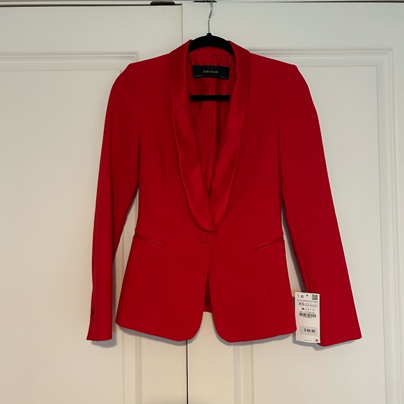 ZARA Red Tuxedo Suit Set | Satin Trim Blazer XS + Pants S - Picture 1 of 10